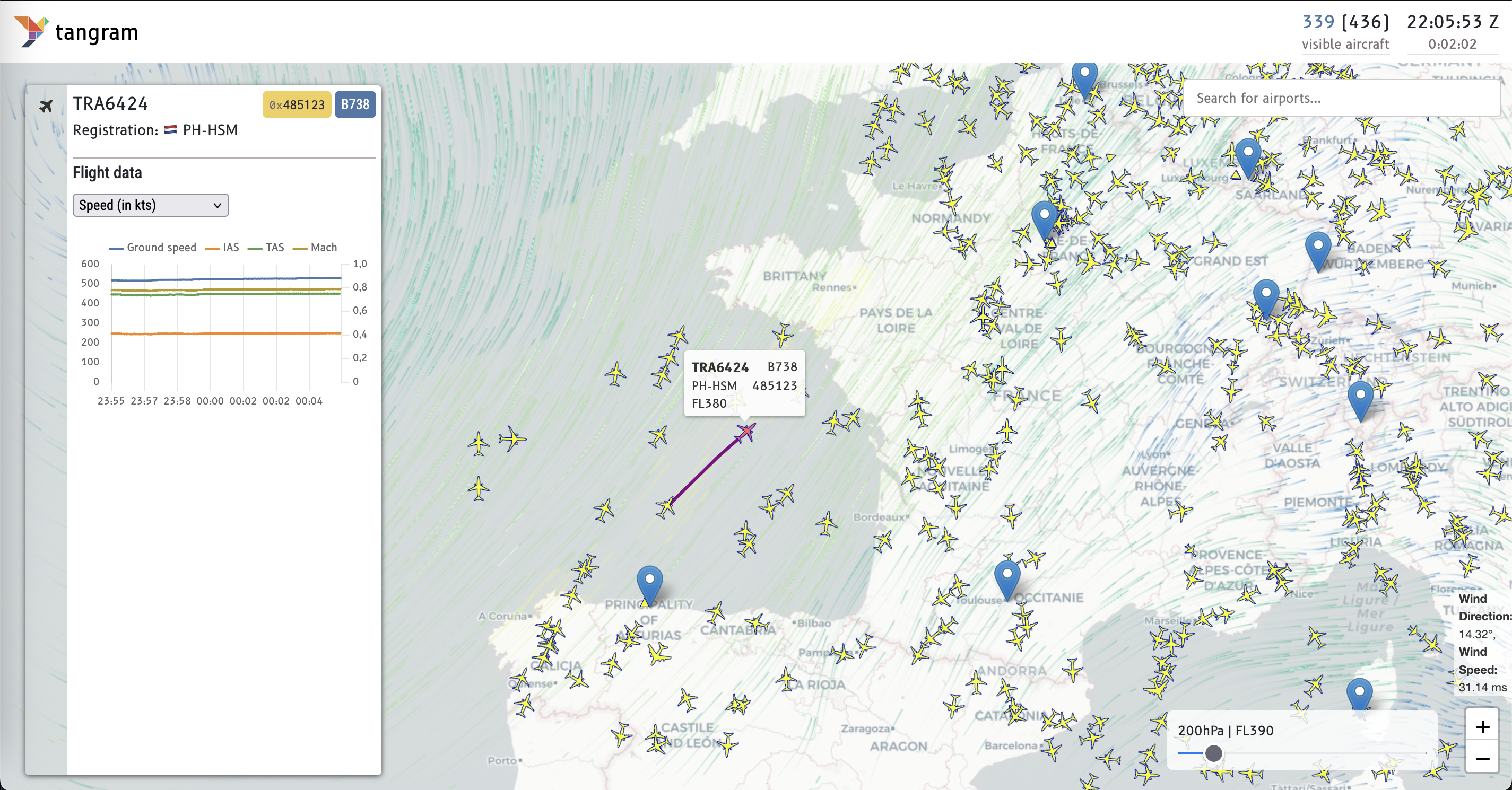 Example of a wind field added on the map